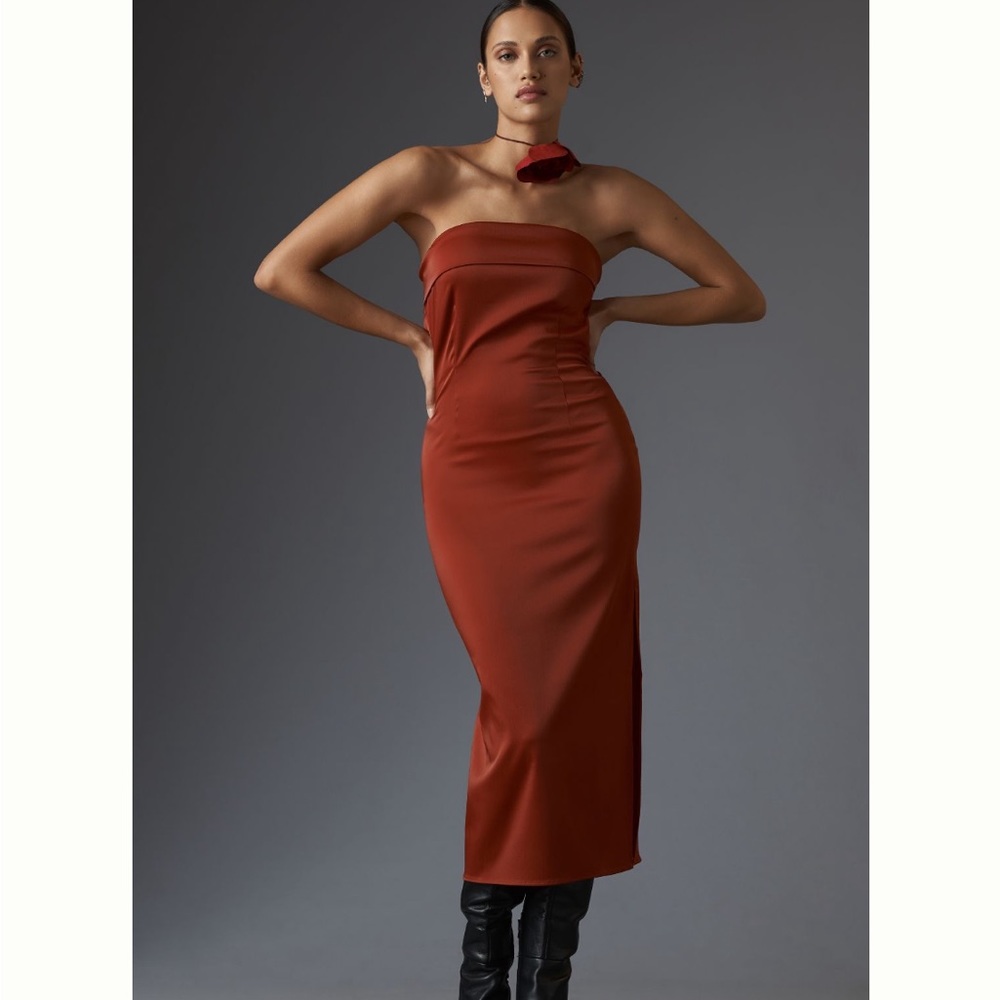 Anthropologie rust strapless midi dress